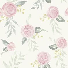 a white wallpaper with pink flowers and green leaves