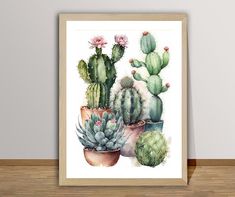 watercolor painting of cactuses in pots on the wall with wood flooring and white walls