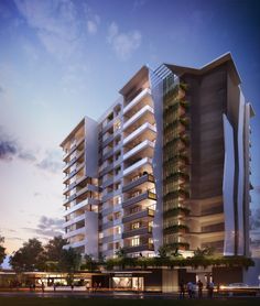 an artist's rendering of the exterior of a modern apartment building at dusk with people walking around