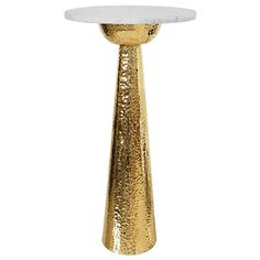 a gold and white table with a marble top on a white background, it looks like an abstract piece of art