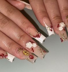 Apres Nails Design, Baroque Nails, Nail Flowers, Quartz Nails, Custom Nails, Long Acrylic Nails Coffin, Rose Nails, Unique Acrylic Nails