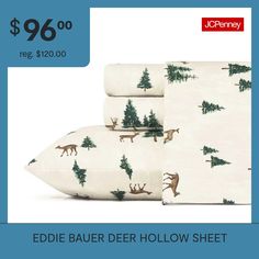 three sheets with moose and pine trees on them are $ 69 00 reg $ 120 00