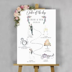 a wedding map on an easel with flowers