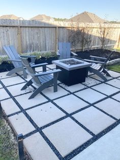 a patio with chairs, table and fire pit