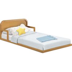 a bed with a wooden headboard and foot board on top of it's sides