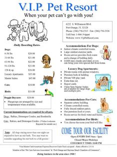 a flyer for a pet resort with pictures of dogs and cats on it's front page