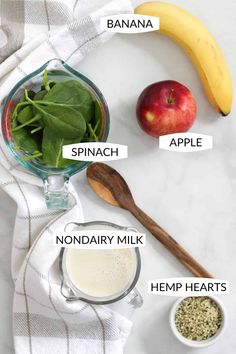 the ingredients to make this smoothie include bananas, spinach, apple, almond milk, and hemp hearts