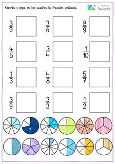 a printable worksheet with fraction numbers and pies on the top one