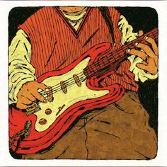 a drawing of a man holding a red guitar in his right hand and playing the bass