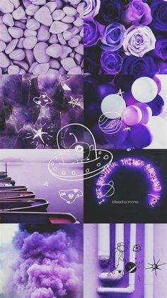 the collage is filled with purple and white flowers, balloons, and other things