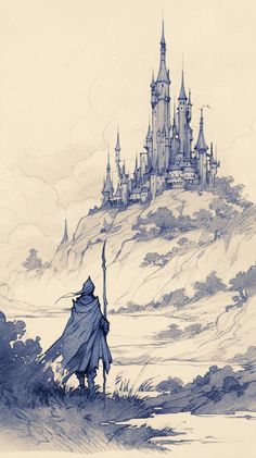 a drawing of a wizard standing in front of a castle on top of a hill