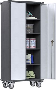 a metal storage cabinet with wheels and shelves