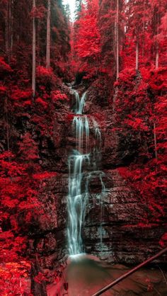 a red car is parked in front of a waterfall and trees with red leaves on it