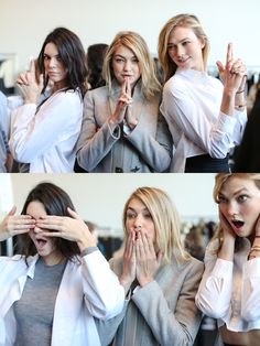 three pictures of women making funny faces and holding their hands up in the air while one woman covers her mouth with both hands