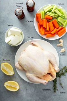 the ingredients for a whole chicken on a plate