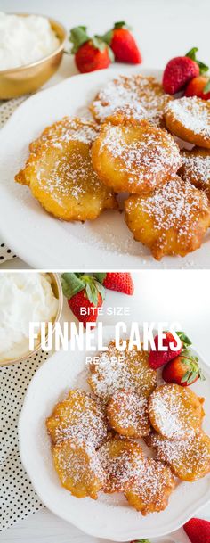 two pictures of funnel cakes with powdered sugar on top and strawberries in the background