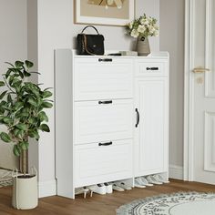 Transform your space with the Miniyam Slim Wide Shoe Cabinet. It's elegant and efficient. Measuring 47.28''W x 9.25''D x 49.21''H, this cabinet saves space and offers plenty of storage. It has three flip drawers with adjustable compartments and a side cabinet with shelves for taller boots. You can store over 30 pairs of shoes, keeping your hallway, entrance, or living room neat and stylish. The top surface and extra drawer provide more space for daily items. Built for stability with a floor-moun Walking Accessories, Pvc Doors, Wooden Shoe Cabinet, Flexible Storage, Pvc Door, Shoe Rack Organization, Shoe Racks, Narrow Hallway, Dog Leashes