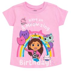 Celebrate your special day with Gabby and her friends in this stylish Gabby's Dollhouse birthday shirt! This cute short sleeve tee features a fun rainbow design, the words "Have An A-Meow-Zing Birthday," and colorful artwork of Gabby, MerCat, Kitty Fairy, and Cakey Cat holding birthday balloons. Dressed in this soft and comfy Gabby's Dollhouse tshirt, your little girl is ready for an exciting birthday adventure! Gabby Dollhouse 5th Birthday Shirt, Pink Short Sleeve T-shirt For Playtime, Cute Birthday T-shirt With Character Print, Pink Character Print Tops For Birthday, Playful Pink T-shirt For Birthday, Cute Birthday T-shirt With Cartoon Print, Cute Character Print T-shirt For Birthday, Gabby's Dollhouse Birthday, Paw Patrol Skye Birthday