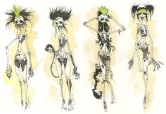 an image of three skeletons with hair and makeup in different poses on a white background