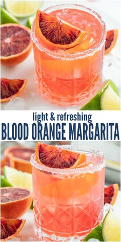 blood orange margarita with limes and lemon wedges on the rim, served in glasses