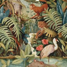 a painting of animals and plants in the jungle