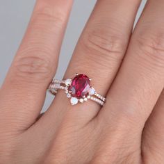 Ruby Ring, Rose Gold Ruby Opal Wedding Ring Set, July Birthstone Ring, Opal Stacking Band, Ruby Dainty Ring, Promise Ring, Anniversary Ring Unique wedding set,perfect as engagement/wedding ring, birthday or anniversary gift, etc. If you need one more wedding band, please see the below link: www.etsy.com/listing/851040980/opal-stacking-band-dainty-opal-ring-opal?ref=shop_home_active_1 Opal ring set: www.etsy.com/listing/685847028/opal-ringwhite-fire-opal-engagement-ring?ref=shop_home_feat_2&b Wedding Birthstone Ring With Halo Design In Cubic Zirconia, Fine Jewelry Cubic Zirconia Ruby Ring For Wedding, Wedding Ruby Ring With Diamonds As Birthstone, Wedding Ruby Ring With Diamond, Wedding Lab-created Ruby Ring With Prong Setting, Cubic Zirconia Halo Ring With Accent Stones For Wedding, Pink Ruby Ring With Accent Stones For Wedding, Wedding Ruby Ring With Cubic Zirconia Birthstone, Rose Gold Ruby Ring With Halo Setting For Wedding