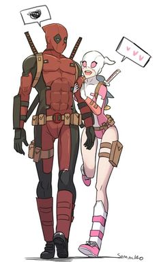 two cartoon characters dressed as deadpool and harley