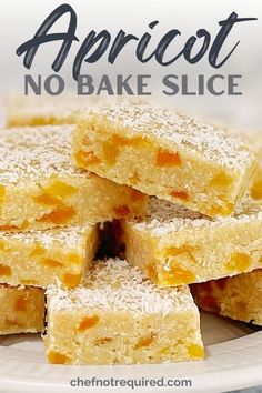 apricot no bake slice stacked on top of each other with the title above it