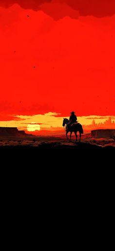 two people riding horses in front of an orange sky with the sun setting behind them