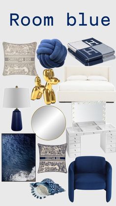 a room with blue furniture and accessories in it, including a chair, mirror, lamp, rugs, pillows, and other items