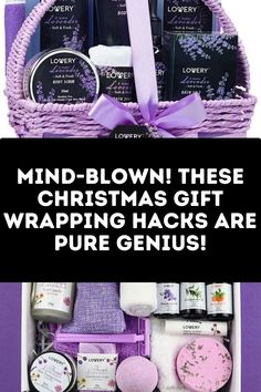 a purple basket filled with lots of items and text that says mind - blown these christmas gift wrapping hacks are pure genius