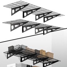 three metal shelves with boxes on them hanging from the ceiling