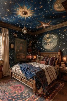 a bed room with a neatly made bed and stars on the ceiling