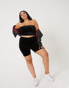 Curve Velvet Bike Shorts Plus Size Bottoms Black 1XL -2020AVE Velvet Tube Top, Plus Size Velvet, Dolphin Shorts, Cozy Loungewear, Athlete Workout, Outfit Combinations, Curvy Outfits, Bike Shorts, Tube Top