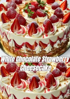 two cakes with strawberries and whipped cream on top, one is white chocolate strawberry cheesecake