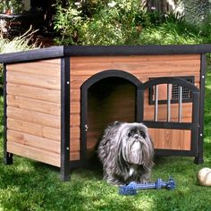 a dog is sitting in his kennel outside