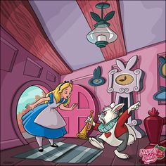 alice and the white rabbit in a pink room with an open door to another room