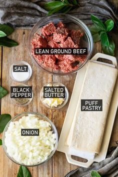 ingredients to make ground beef recipe laid out on a wooden table