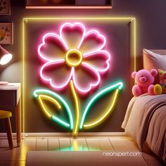 a neon sign with a flower on it in front of a child's room