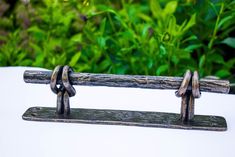 a close up of a metal object on a white surface with green plants in the background