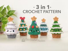 crocheted christmas trees are lined up on a table with the text 3 in 1 crochet pattern