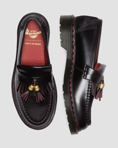 Adrian Year of the Dragon Hair-On Tassel Loafers in Black | Dr. Martens Martens Loafers, Dr Martens Loafers, Build Wardrobe, Dragon Hair, Loafers Men Outfit, Black Loafers Men, Expensive Stuff, Black Dr Martens, Type Shi