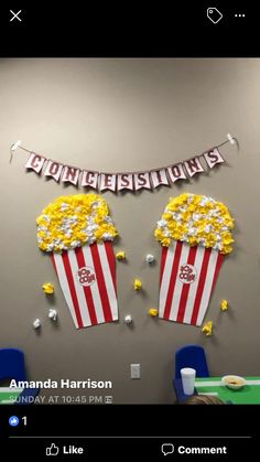 the wall is decorated with popcorn and streamers