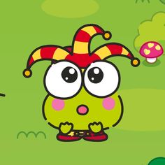 a green cartoon character with big eyes and a red hat on his head, standing in front of a mushroom