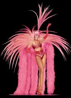 a woman in a pink costume with feathers