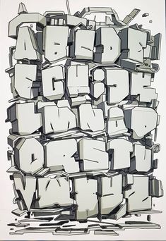 an abstract drawing of many cubes and numbers in black and white, with the letters all over them