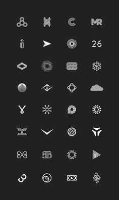 some type of black and white icons on a dark background with the words, numbers, symbols