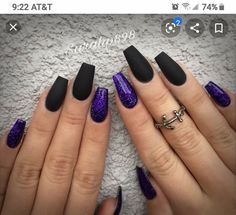 Short Acrylic Nails Coffin Halloween, Elegant Nails Classy Sparkle Black, Black Nails Purple Tips, Nail Designs Black Coffin, Black Nails Black Glitter, Matte Glitter Acrylic Nails, Dark Purple Glitter French Tip Nails, Goth Acrylic Nails Coffin Short, Purple Black Nails Designs