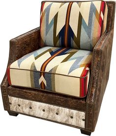 an upholstered chair with multi colored pillows