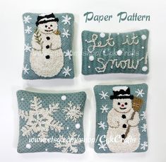 four snowmen on blue and white knitted pillows with words written in the middle